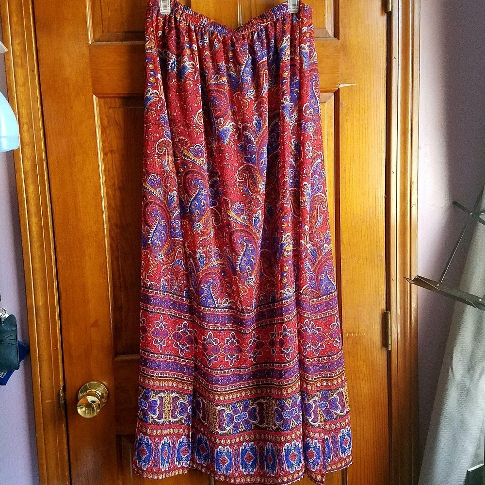 Red Paisley Maxi Skirt With Side Slits